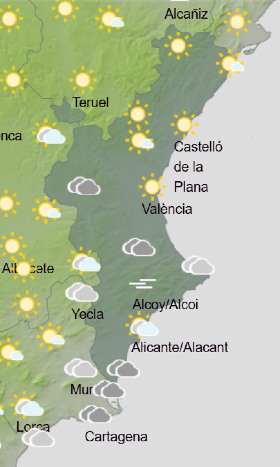 Mapa de Aemet con la previsión del tiempo en la Comunidad Valenciana este jueves 11 de diciembre de 2025