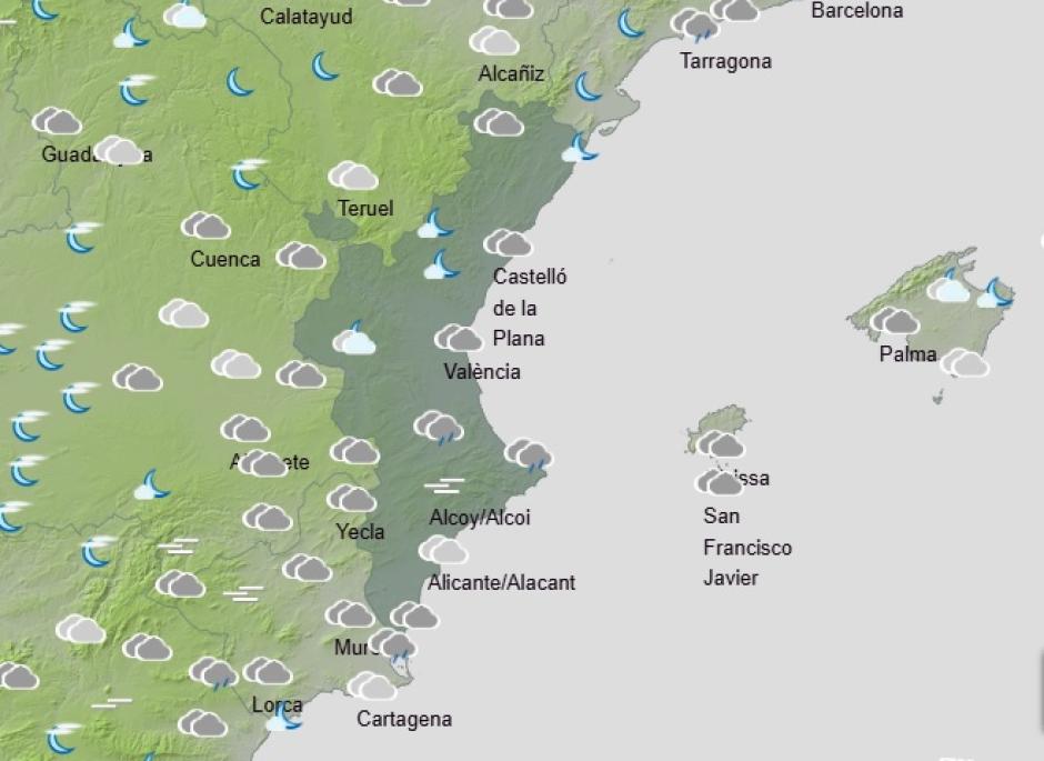 Mapa con la previsión de lluvias para este viernes 12 de diciembre en la Comunidad Valenciana.