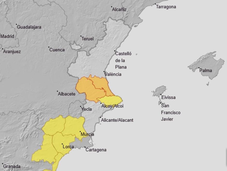 Mapa con los avisos previstos por ahora para el domingo 14 de diciembre en la Comunidad Valenciana.