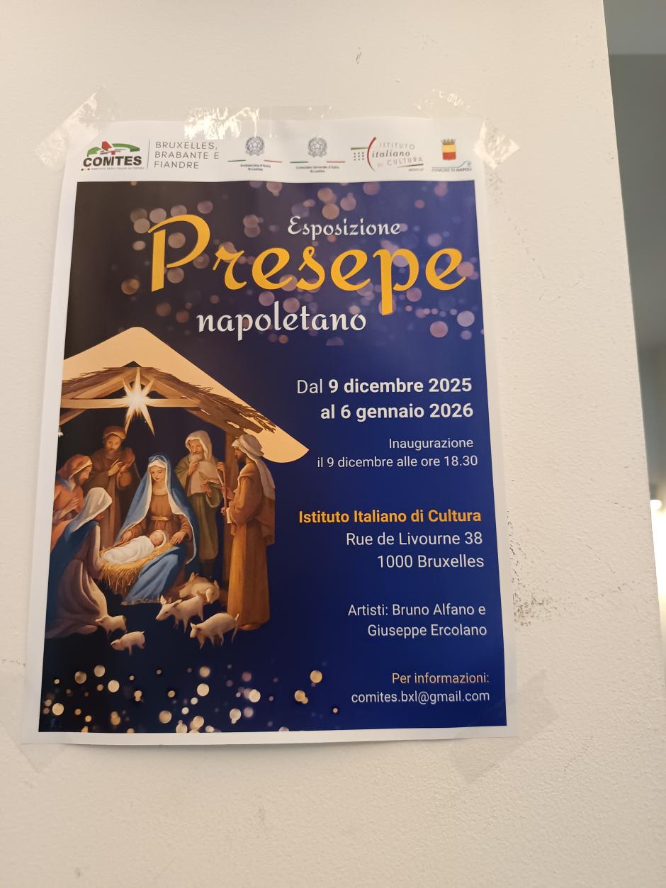 Cartel anunciador del Belén napolitano instalado en Bruselas