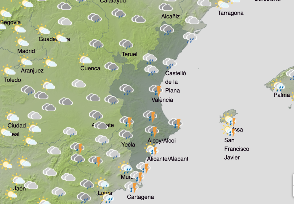 Mapa con la previsión actual de lluvias para el domingo 28 de diciembre en la Comunidad Valenciana.