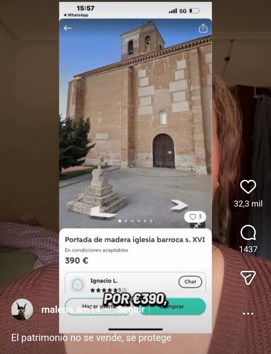 Captura del anuncio de Wallapop donde se vende la puerta de una iglesia del siglo XVI