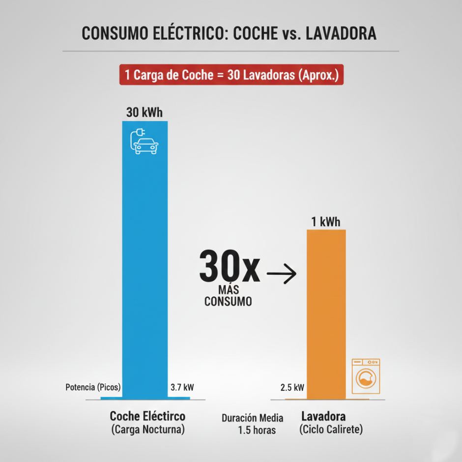 Gráfica de la diferencia del consumo de cargar un coche eléctrico o una lavadora