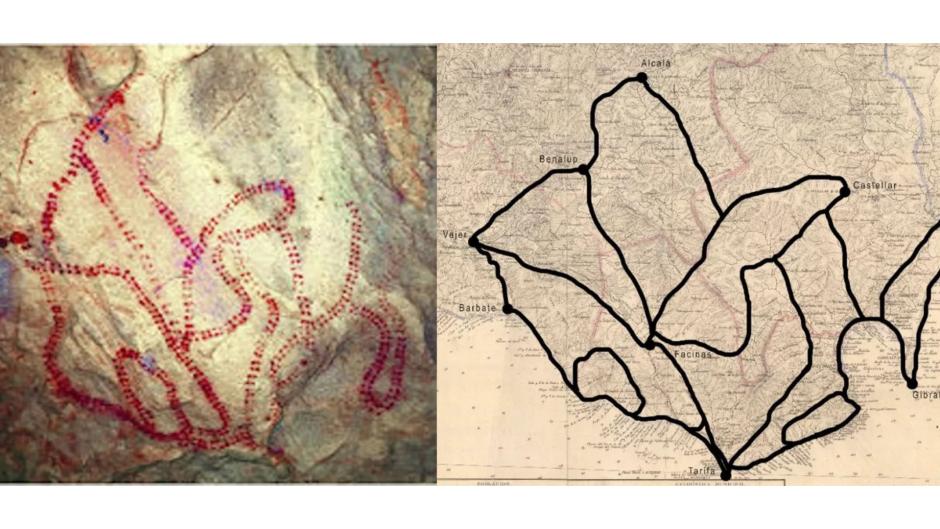 Posible mapa del sur de la provincia de Cádiz y el trazado de los supuestos caminos y líneas en el mapa de Coello de 1868