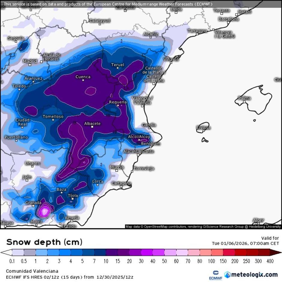 Imagen de la predicción del modelo europeo ECMWF sobre posibles nevadas en la Comunidad Valenciana