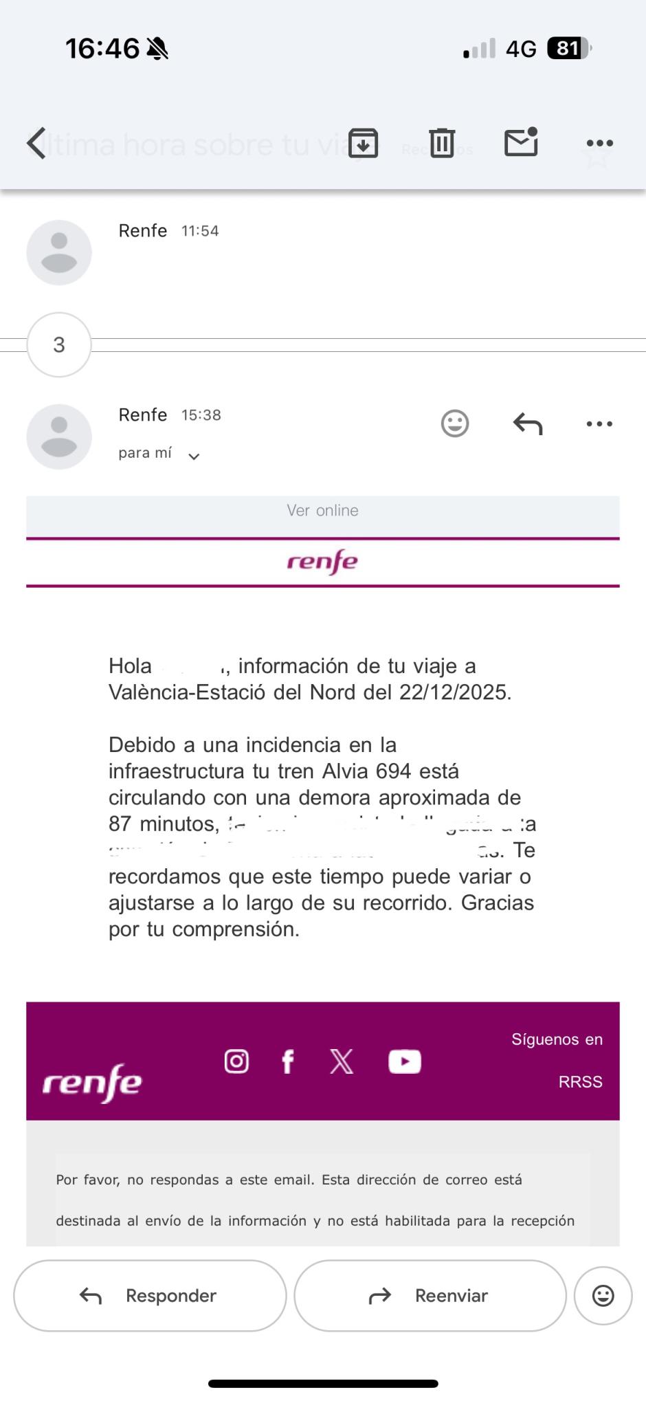 Imagen del correo informativo que envió Renfe a una pasajera informando del retraso de 87 minutos