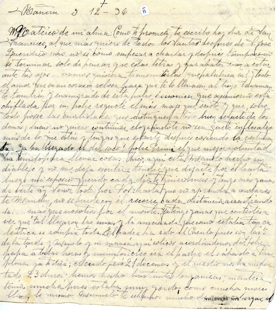 Carta de Josefina Muru a Mateo Arbeloa, el 3 de diciembre de 1936.