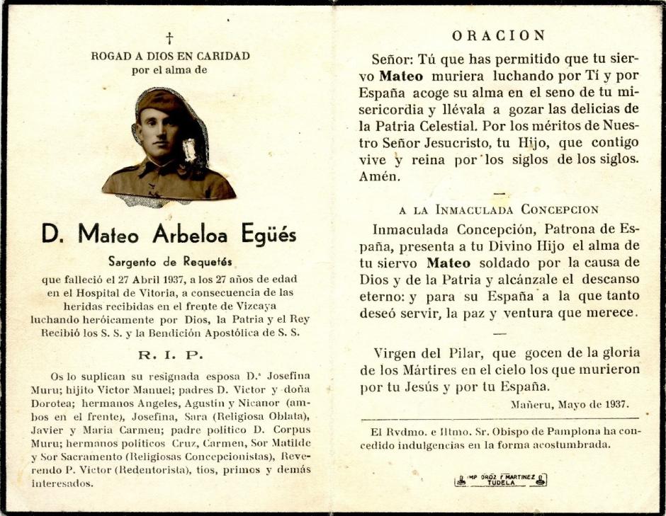 Esquela de Mateo Arbeloa