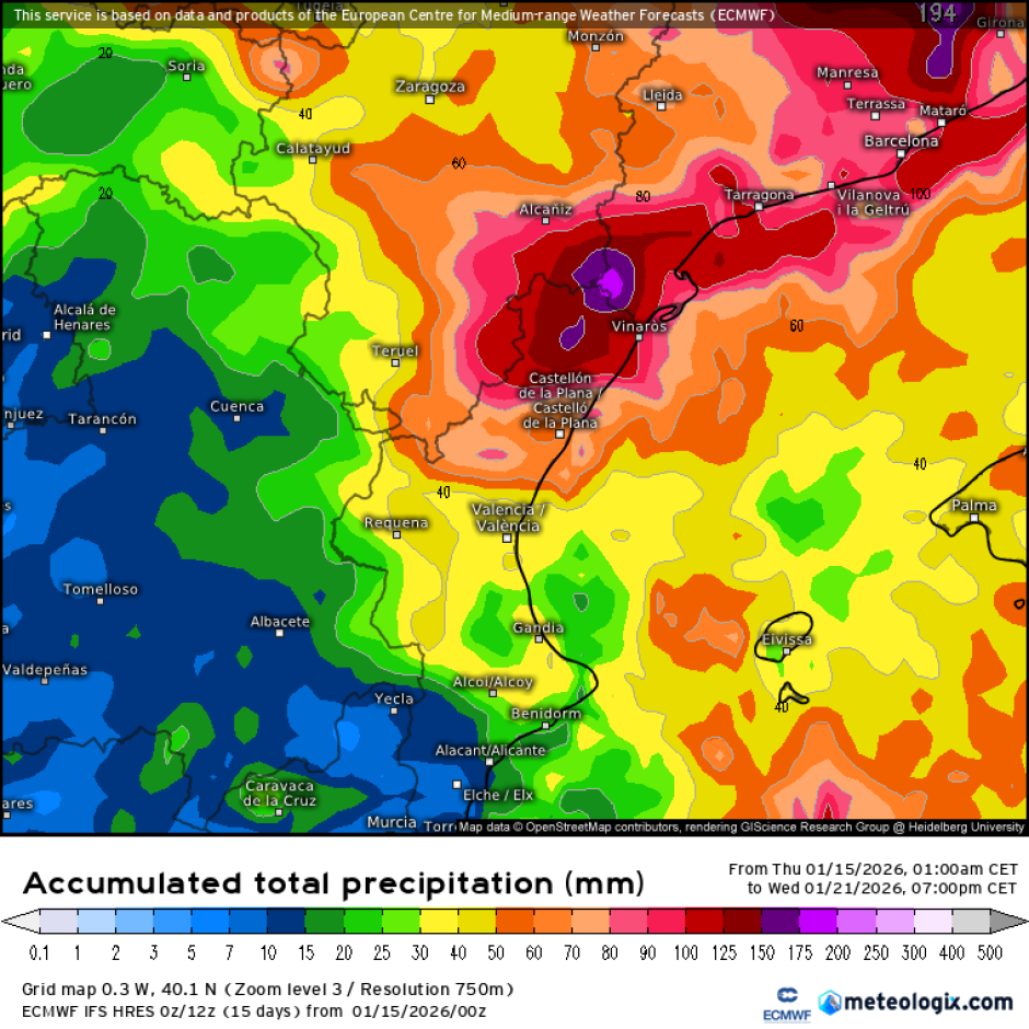 Mapa con la cantidad de lluvia prevista durante los próximos días por una dana en la Comunidad Valenciana, según el modelo ECMWF.
