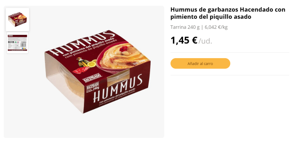 Imagen de la venta de hummus con pimientos de piquillo asados en Mercadona.