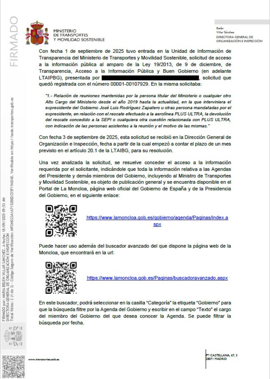 Resolución del Ministerio de Transportes del 18 de septiembre