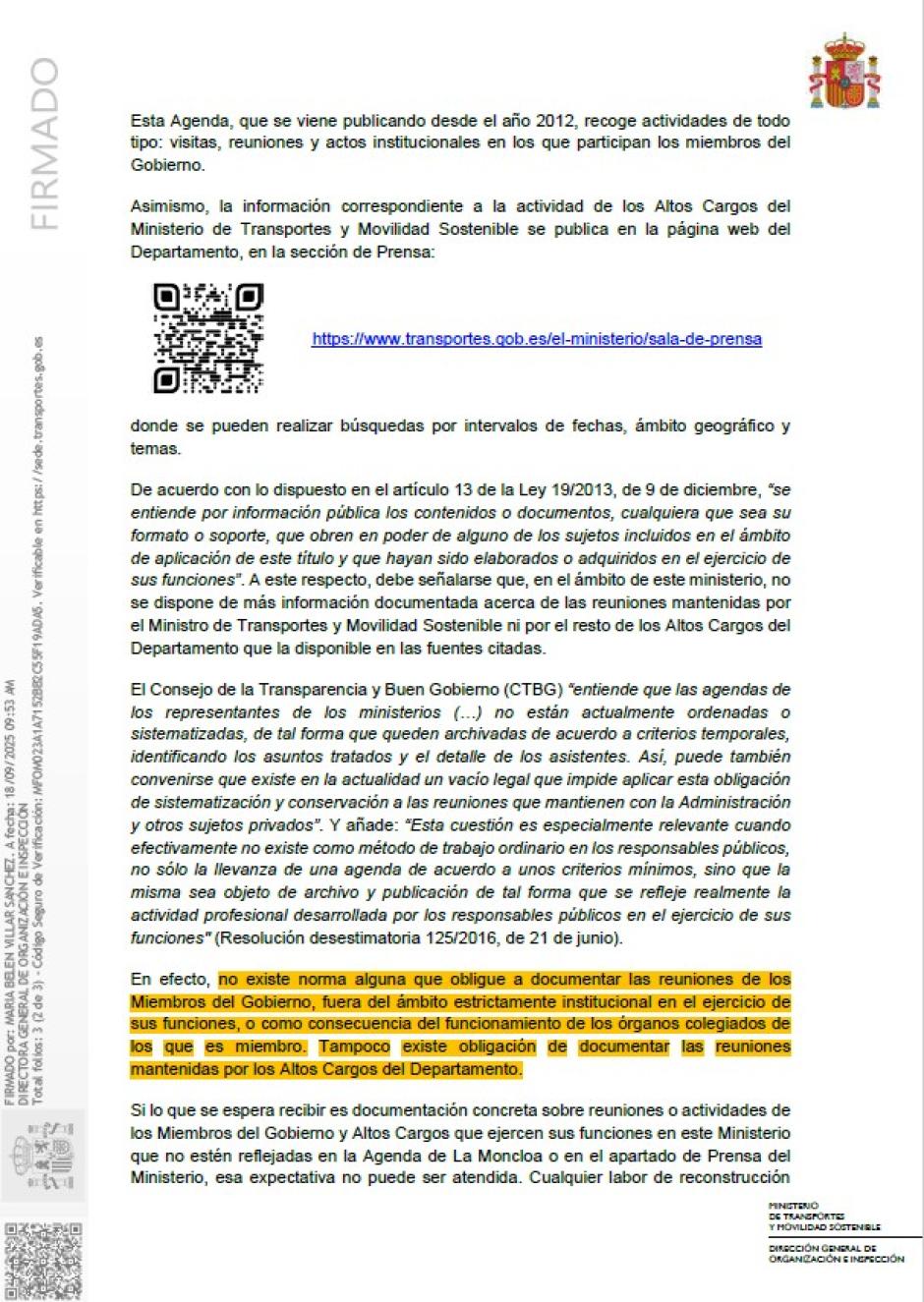 Resolución del Ministerio de Transportes del 18 de septiembre