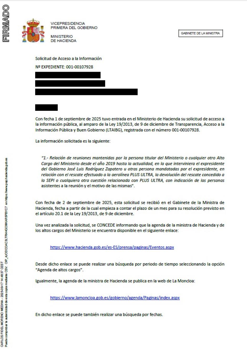 Resolución del Ministerio de Hacienda del 17 de septiembre de 2025