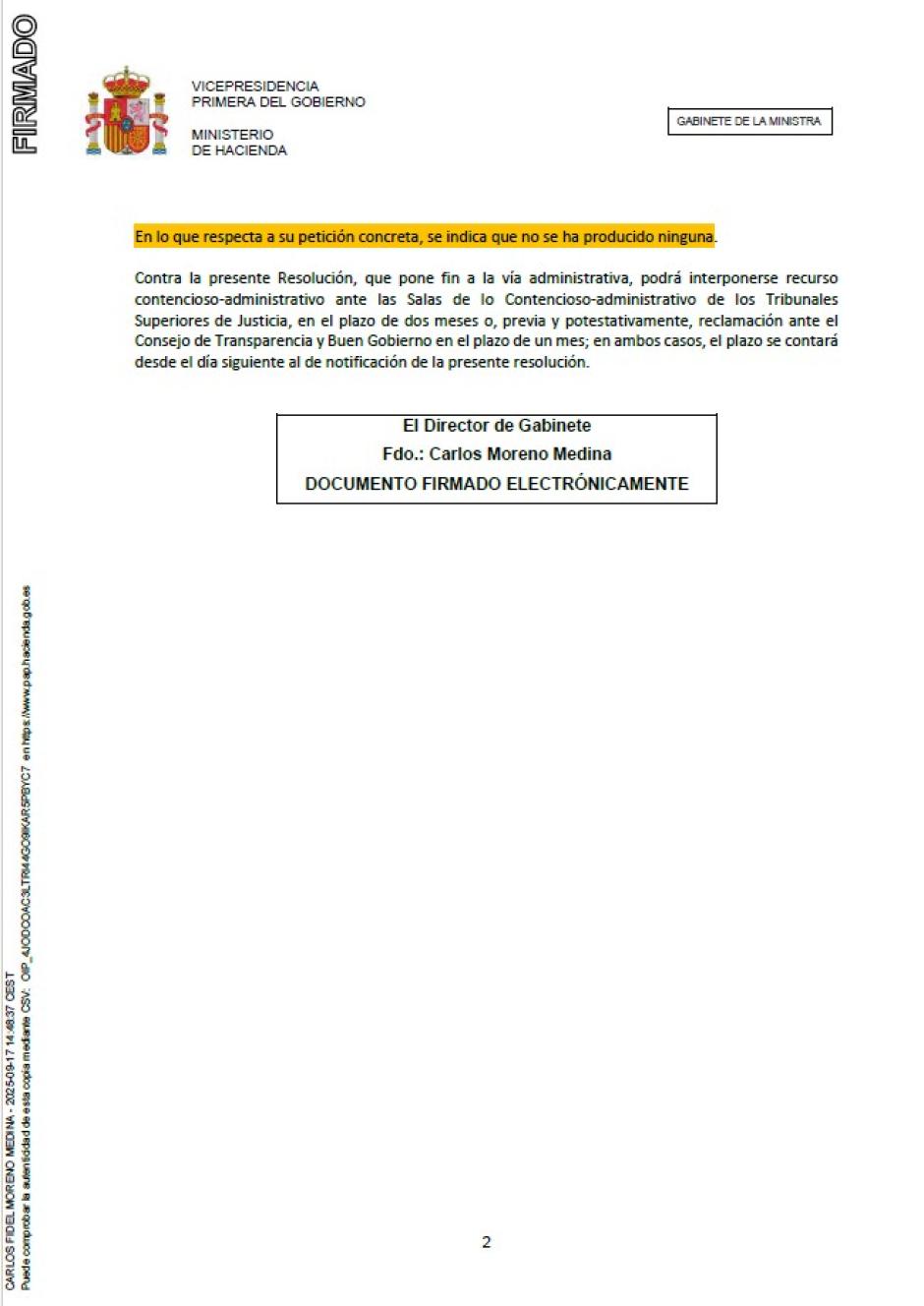 Resolución del Ministerio de Hacienda del 17 de septiembre de 2025
