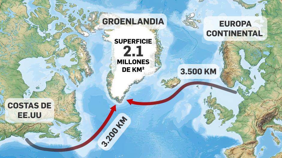 Mapa de Groenlandia, superficie y distancia desde EE.UU. y Europa Continental