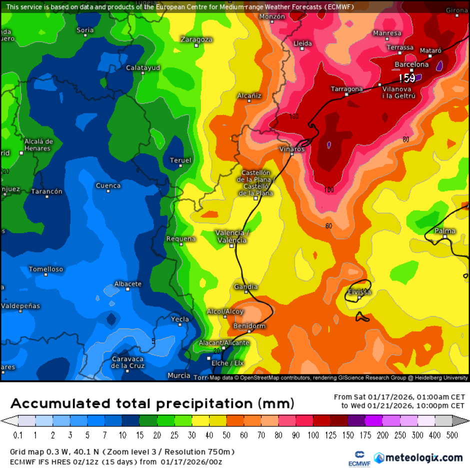 Mapa con los acumulados previstos por la dana Harry en la Comunidad Valenciana, según el modelo ECMWF.