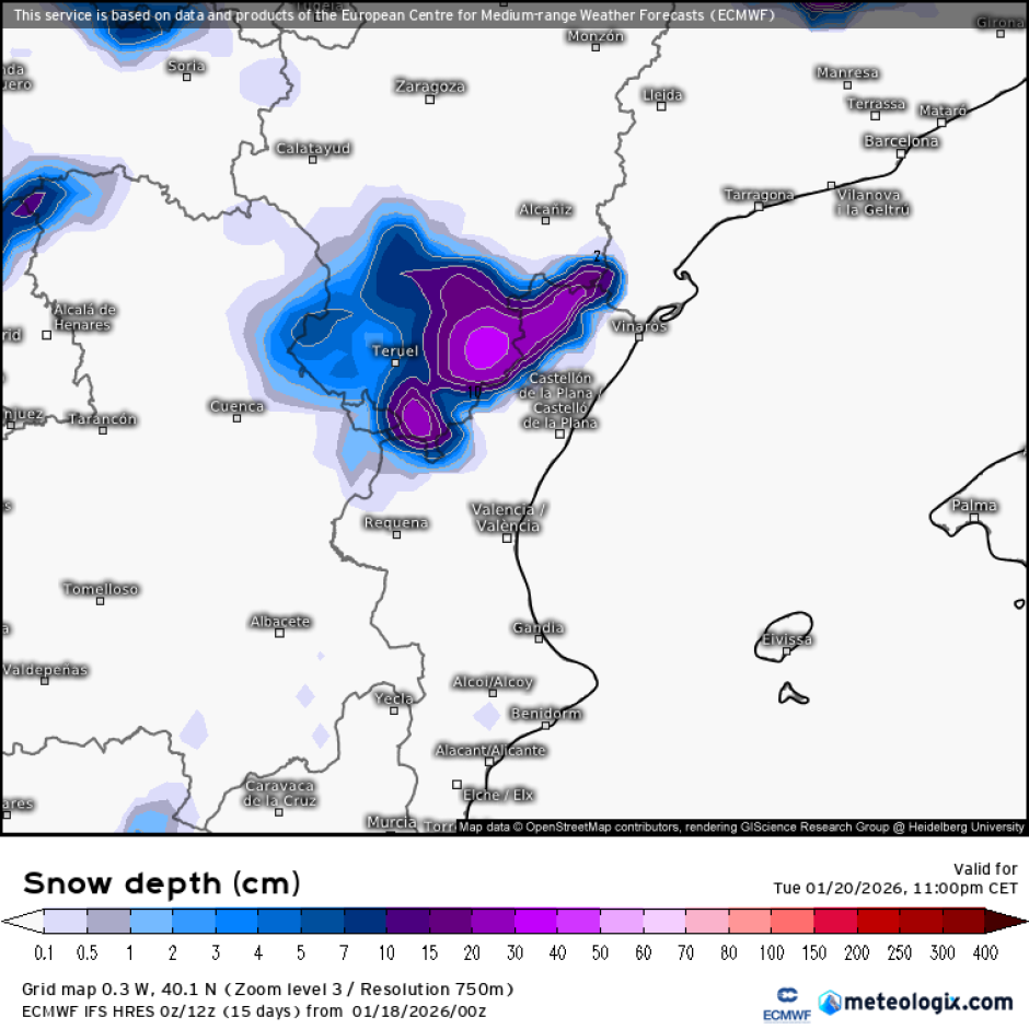 Mapa con la previsión de nevadas en la Comunidad Valenciana por la borrasca Harry, según el modelo europeo ECMWF.