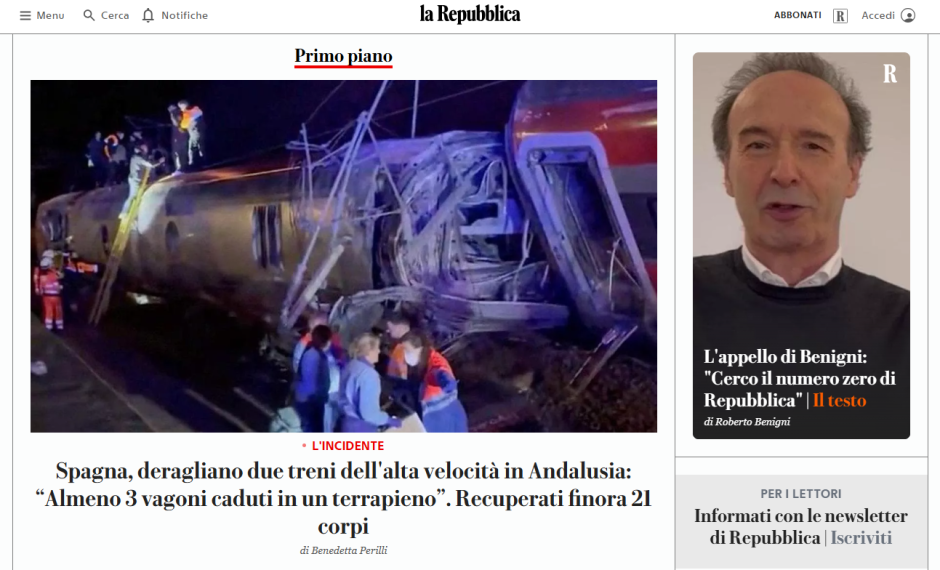 El diario italiano La Reppublica destacó el hecho de que el tren Alvia cayó por un terraplén.