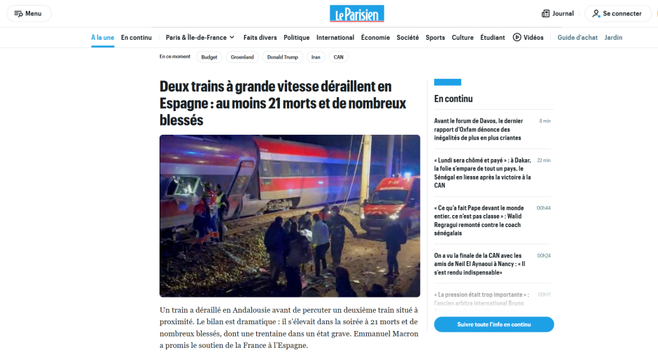 Le Parisien abría su edición digital con el accidente y recogía las condolencia de el presidente francés Macron. También destinaba un párrafo al hecho de que aún hubiera gente encerrada en los trenes. "Los servicios de emergencia andaluces informaron esa misma tarde que varias personas resultaron heridas y que algunos pasajeros seguían atrapados en los vagones".