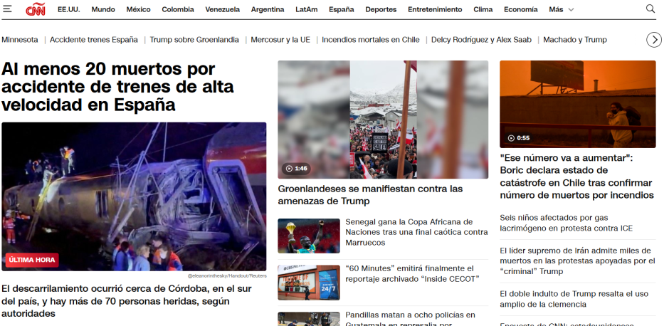 La edición española de la CNN también abrió su página web con lo ocurrido en Adamuz (Córdoba).