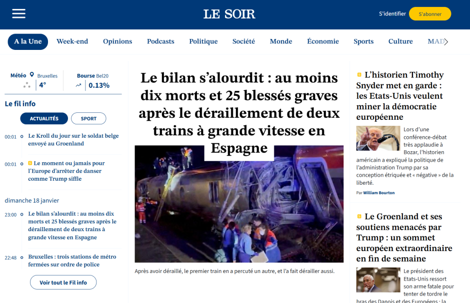 El diario belga Le Soir destinó la primera foto de su web al accidente. Desde la capital de Europa, la presidenta de la Comisión Europea, Úrsula Von der Leyen, ha mostrado su consternación a través de un mensaje en la red social X escrito en castellano en el que expresa el «más sentido pésame a las familias y seres queridos de las víctimas del accidente ferroviario y al pueblo español».