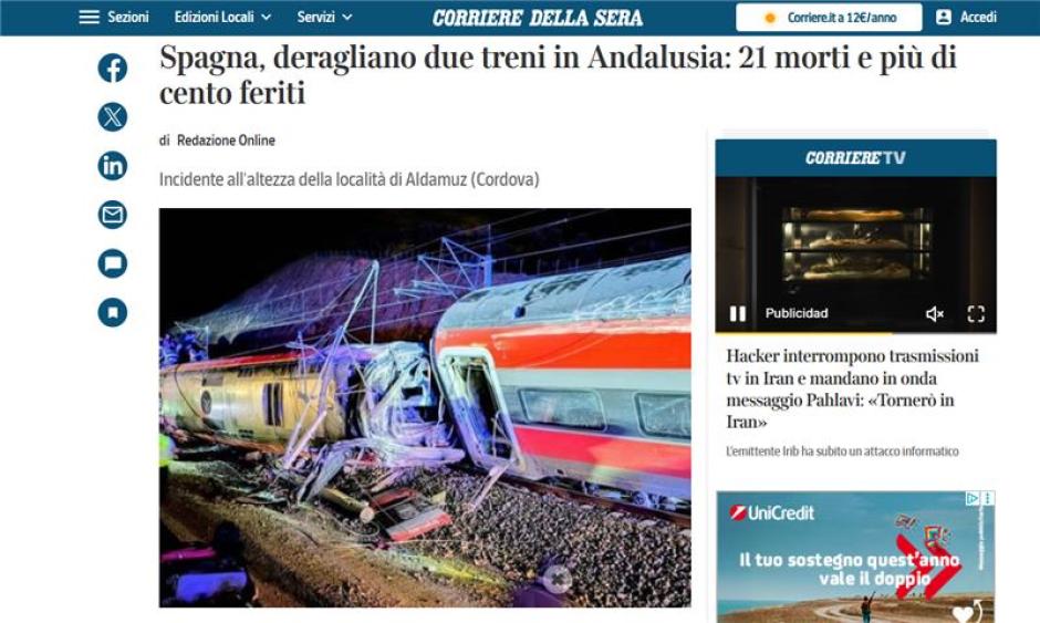 El Corriere della sera italiano ilustraba la noticia, como la mayoría, con una foto del tren Iryo (compañía de aquel país). "El ministro de Transporte español, Óscar Puente, ha dicho que por el momento no se sabe si la causa del descarrilamiento fue la avería del tren y qué ocurrió. Se verificó que el tren era prácticamente nuevo", señalaban.