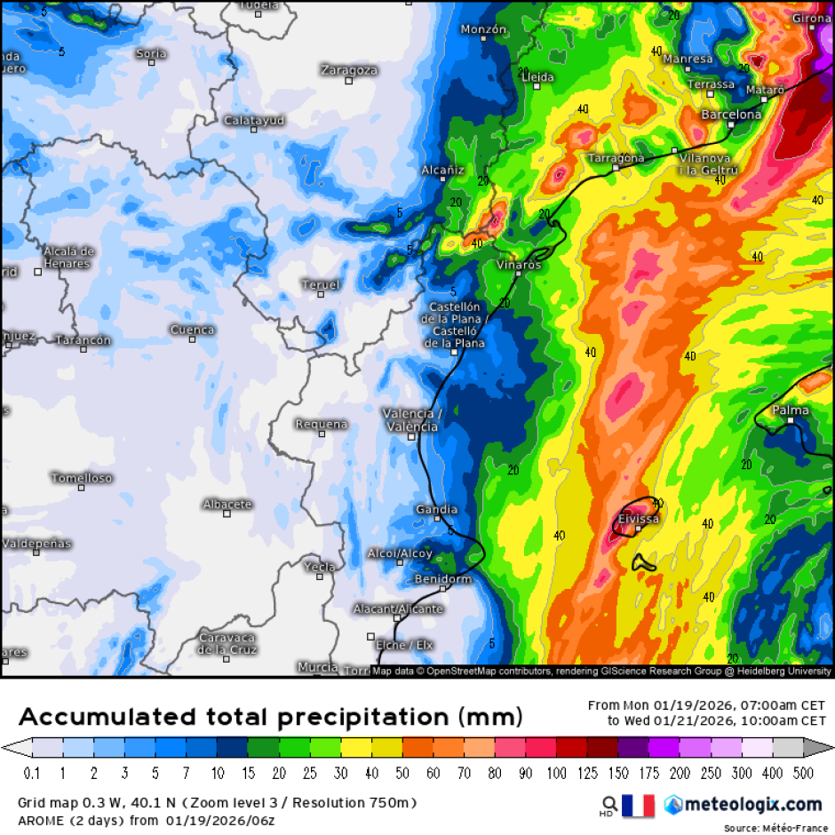 Mapa con las lluvias previstas por el modelo francés Arome durante el paso de la borrasca Harry por la Comunidad Valenciana.