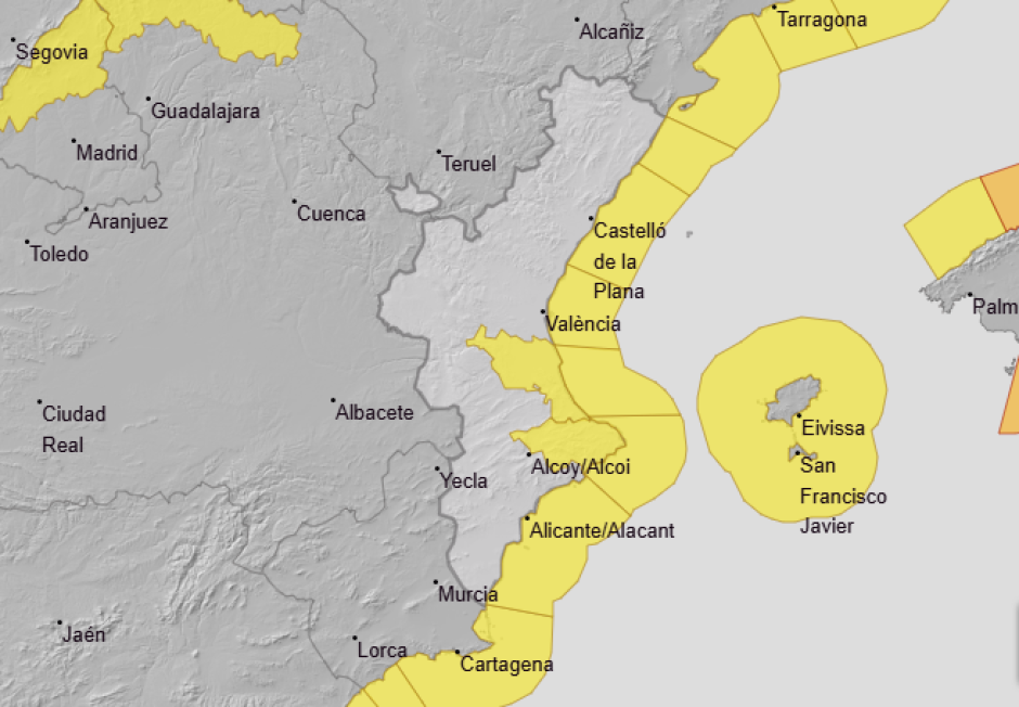 Mapa con los avisos previstos por Aemet para este miércoles 21 de enero en la Comunidad Valenciana.