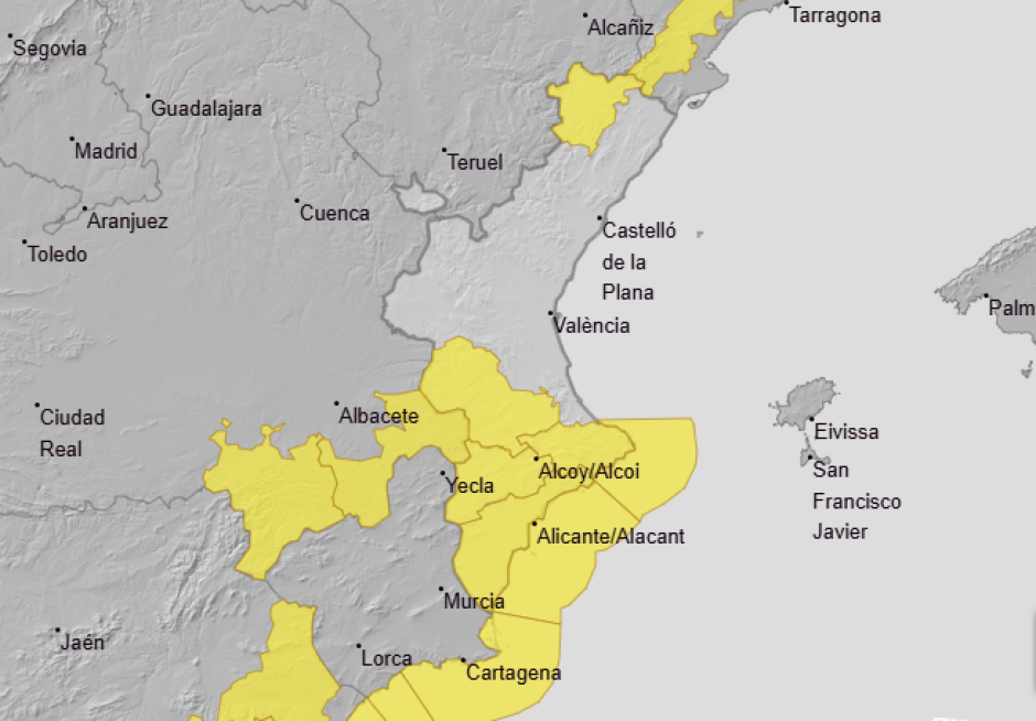 Mapa con los avisos previstos por Aemet para este miércoles 21 de enero en la Comunidad Valenciana.