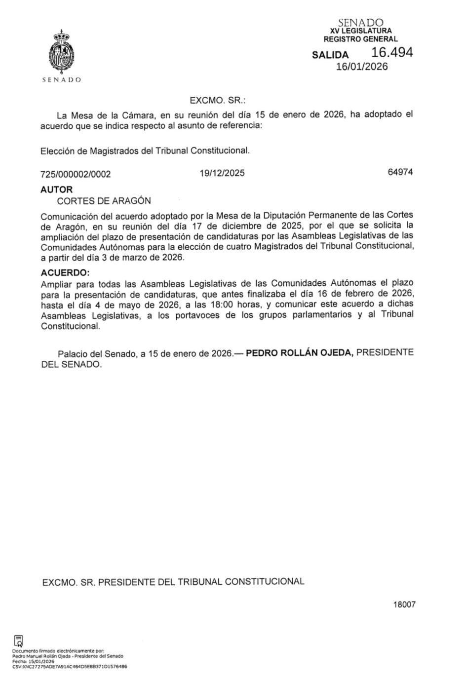 Comunicación remitida por el Senado al presidente del TC, Cándido Conde-Pumpido