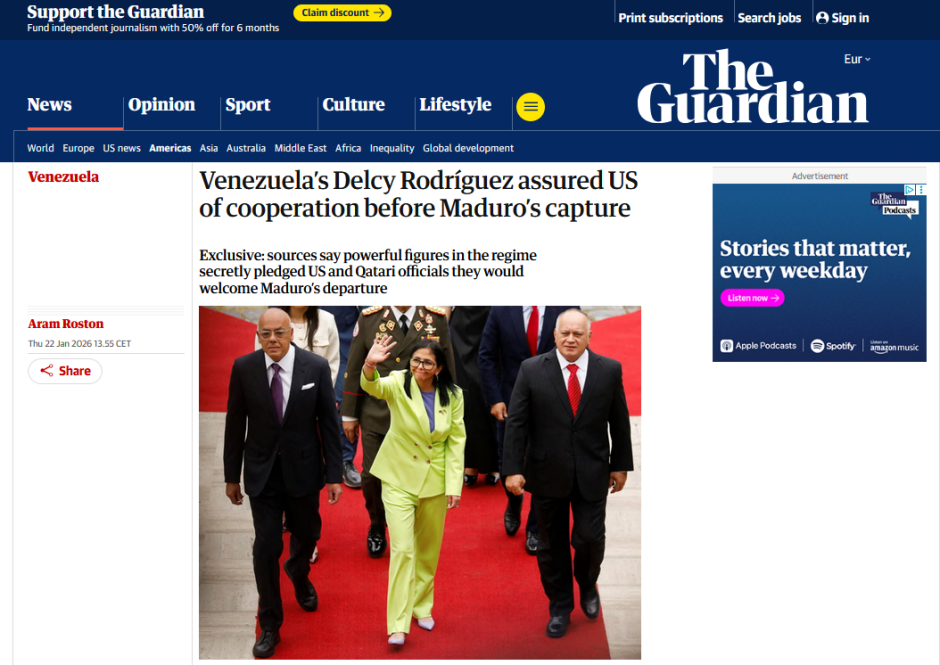 Captura de pantalla de la noticia de The Guardian sobre Delcy Rodriguez