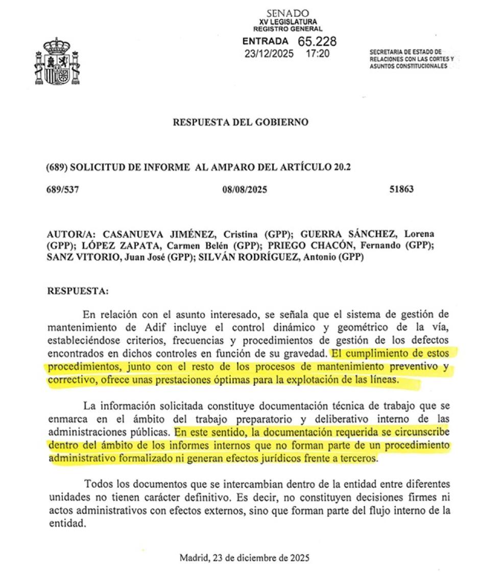 La respuesta remitida por el Gobierno al PP en el Senado, negándose a facilitar el informe