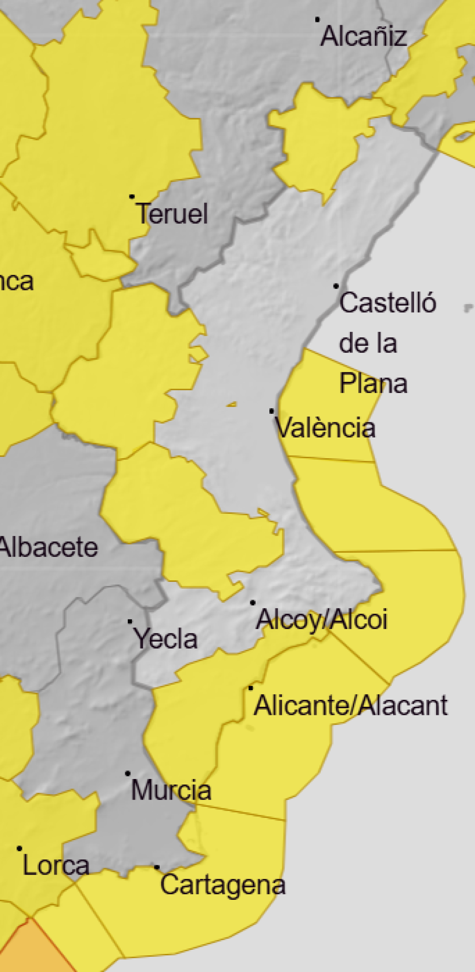 Mapa de Aemet con los avisos en la Comunidad Valenciana este sábado 24 de enero de 2026