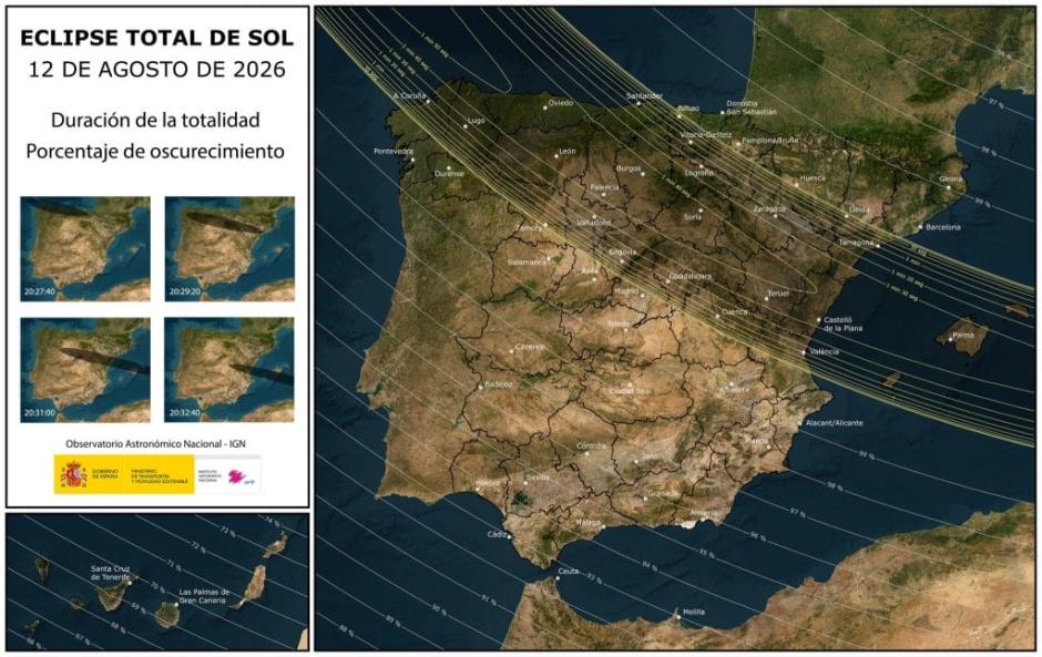 Mapa de la franja en la que será visible el eclipse solar del 12 de agosto de 2026 en la península