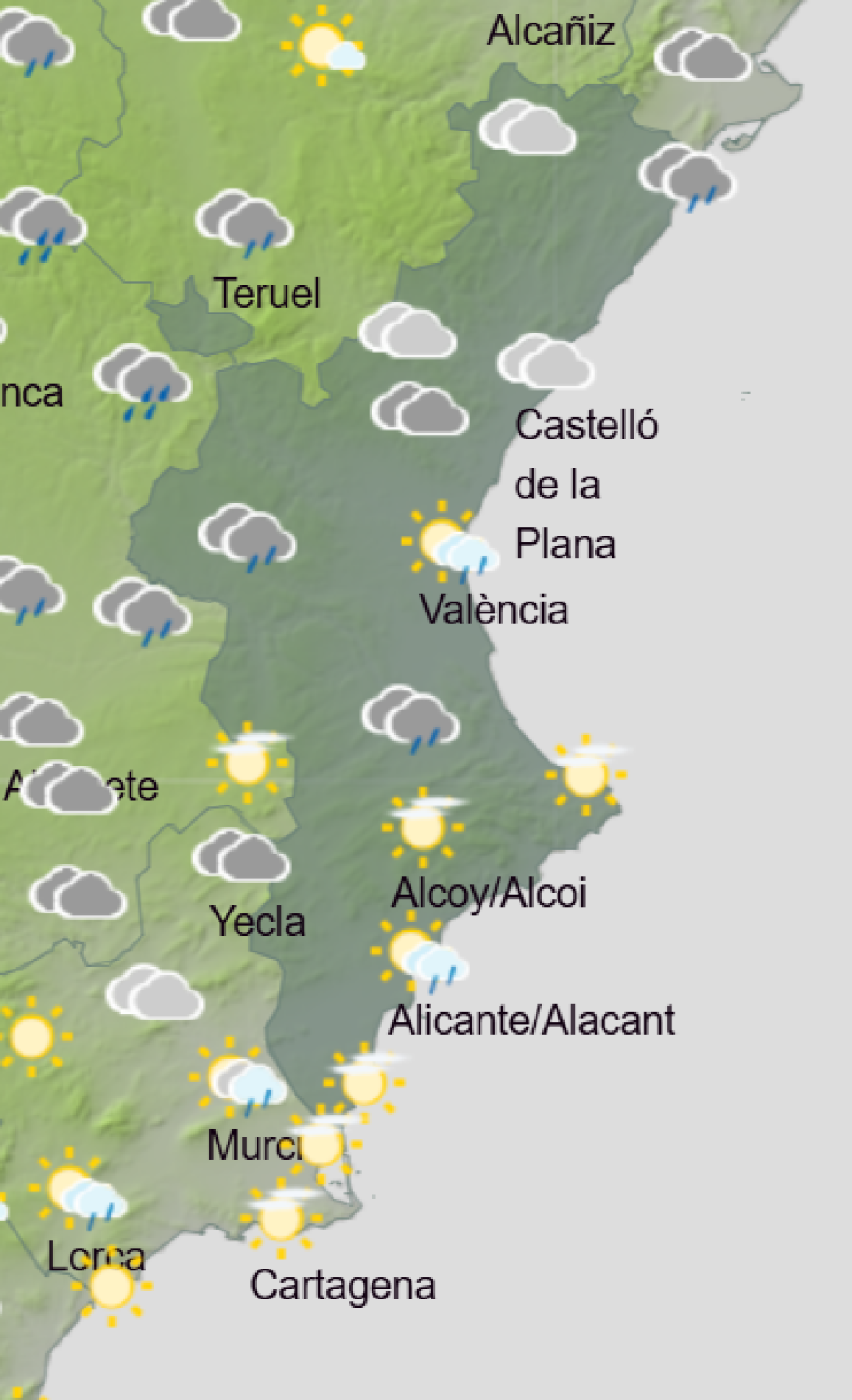 Mapa de Aemet con la previsión del tiempo en la Comunidad Valenciana este martes 27 de enero de 2026