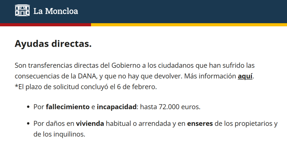 Imagen de la página web del Palacio de La Moncloa con la cuantía de ayuda por fallecido tras la dana