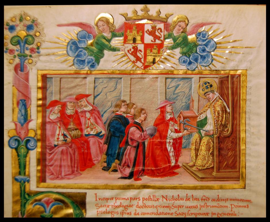 Gil Álvarez de Albornoz entregando simbólicamente al Papa san Clemente I la capilla del Colegio de España, dedicada a dicho santo