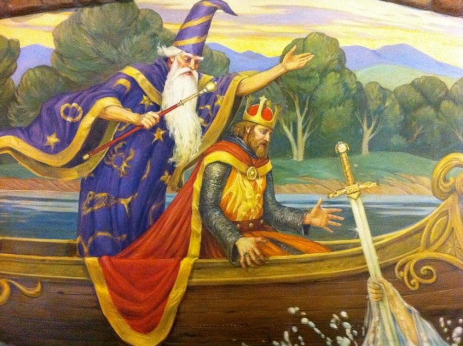 Representación del momento en que Arturo recibe la espada Excalibur