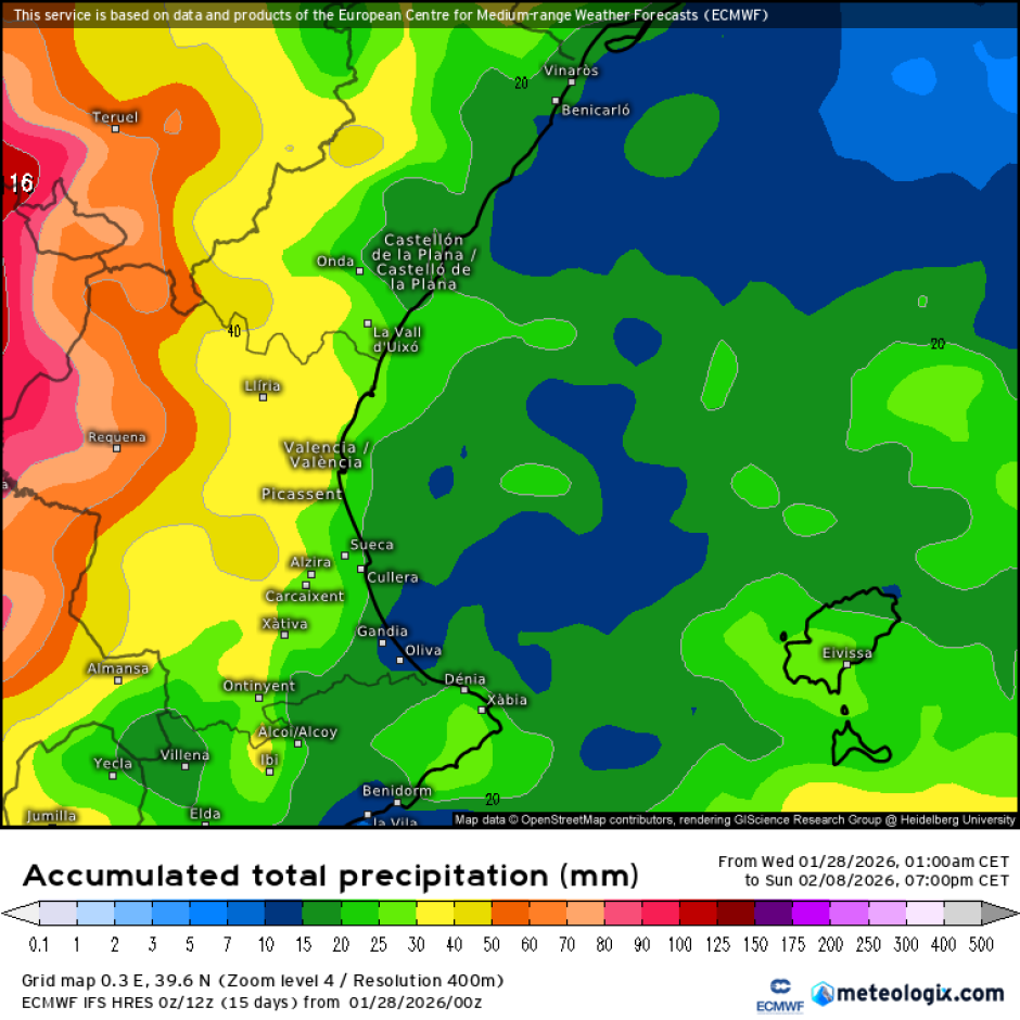 Mapa con la previsión de lluvias hasta el domingo 1 de febrero en la Comunidad Valenciana.