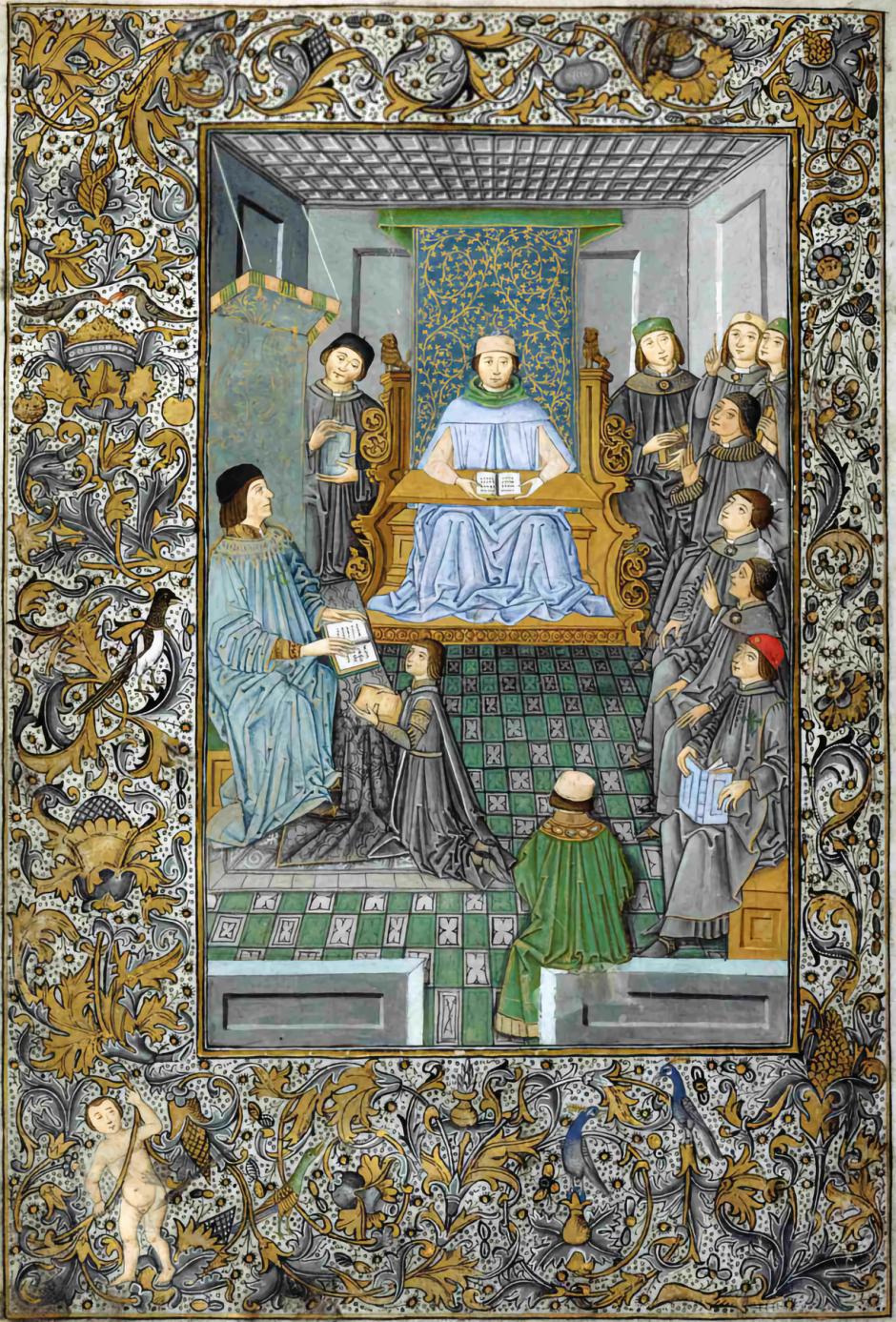 Antonio de Nebrija impartiendo una clase de gramática en presencia del mecenas Juan de Zúñiga