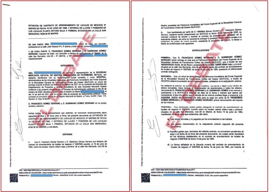Extracto de la extinción del contrato de alquiler entre Muface y la familia de Gómez