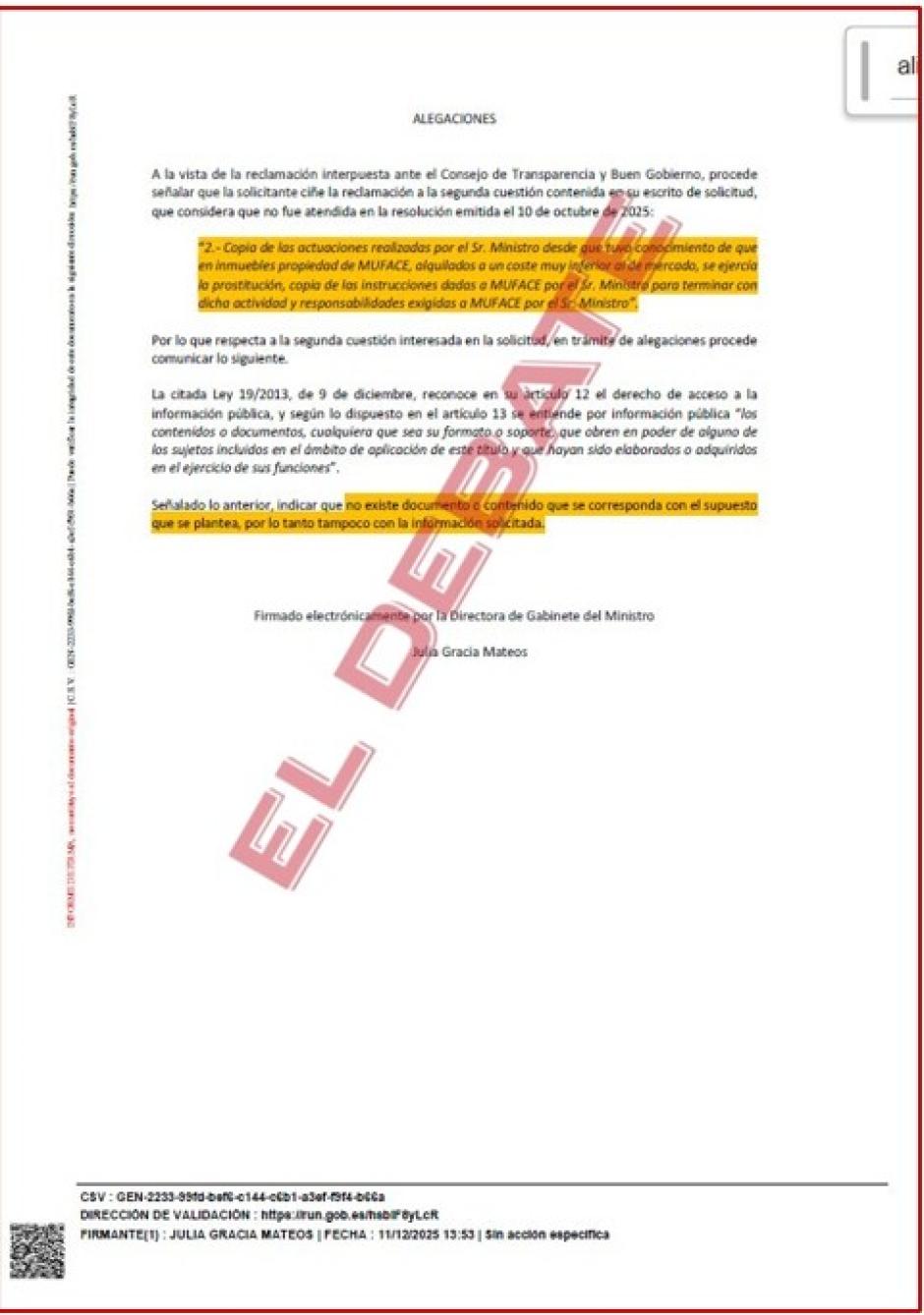 Escrito de alegaciones remitido por el gabinete de Óscar López al CTBG