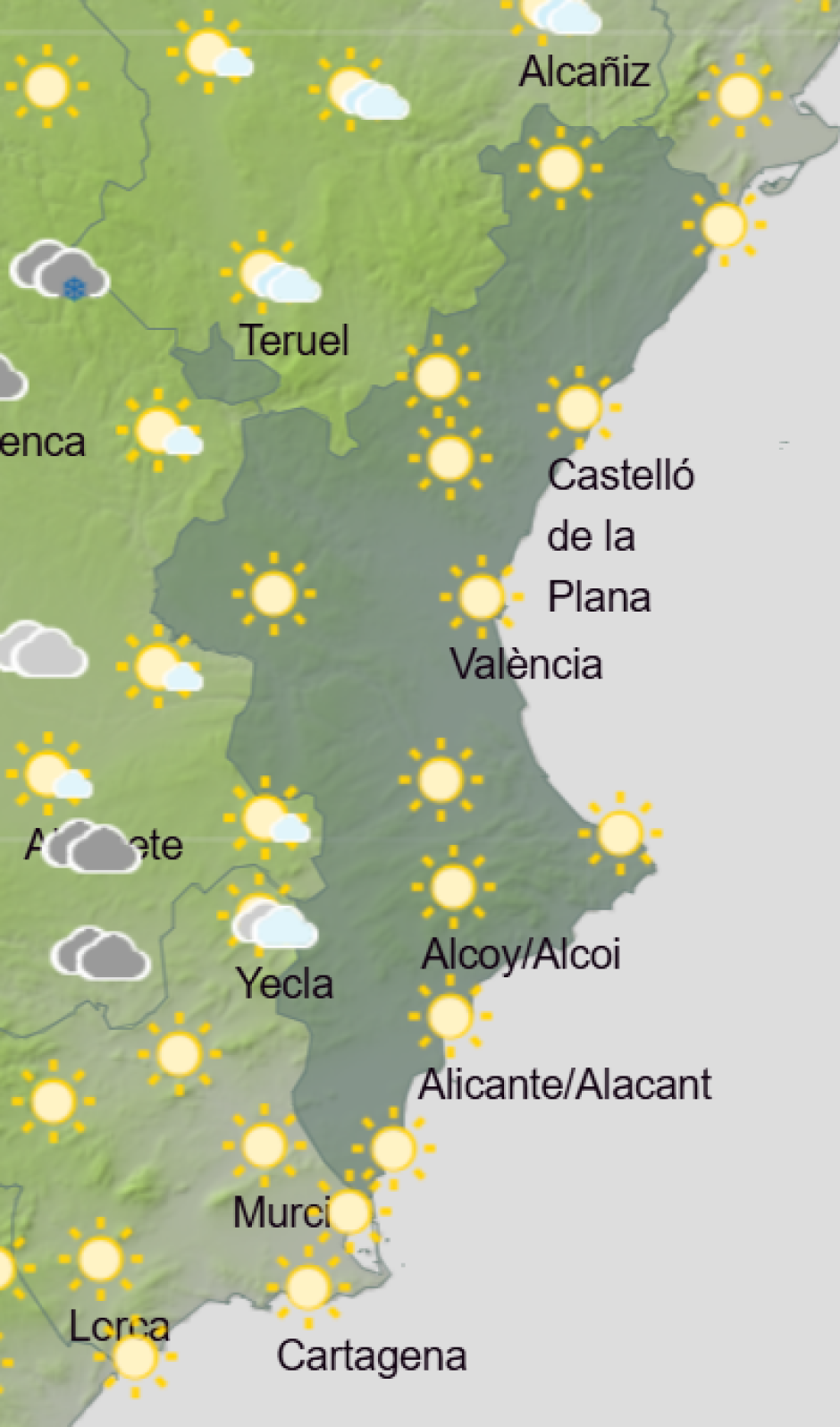 Mapa de Aemet con la previsión del tiempo en la Comunidad Valenciana este sábado 31 de enero de 2026