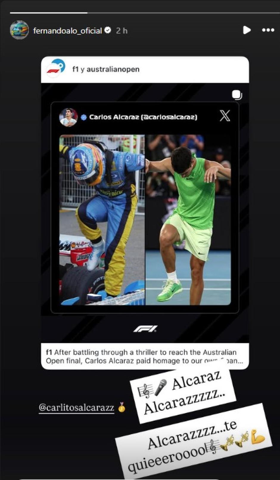 Captura del mensaje que le dedicó Fernando Alonso a Carlos Alcaraz en redes sociales