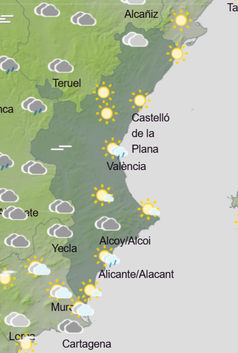 Mapa de Aemet con la previsión del tiempo en la Comunidad Valenciana el 1 de febrero de 2016