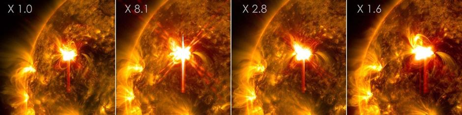El Observatorio de Dinámica Solar de la NASA capturó estas imágenes de las erupciones solares (vistas como destellos brillantes en el centro de las imágenes) el 1 y el 2 de febrero de 2026. Las imágenes muestran un subconjunto de luz ultravioleta extrema que resalta el material extremadamente caliente en las erupciones y que está coloreado en dorado y rojo