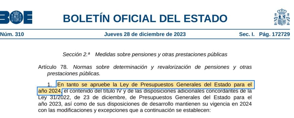 El real decreto ley con el que se revalorizaron las pensiones en 2024, donde sí aparece la referencia a los Presupuestos de 2024