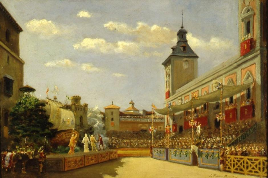 Representación del auto de Calderón de la Barca La Divina Filotea, ante la casa consistorial de Madrid en 1681, obra de Joaquín Muñoz Morillejo (1918)