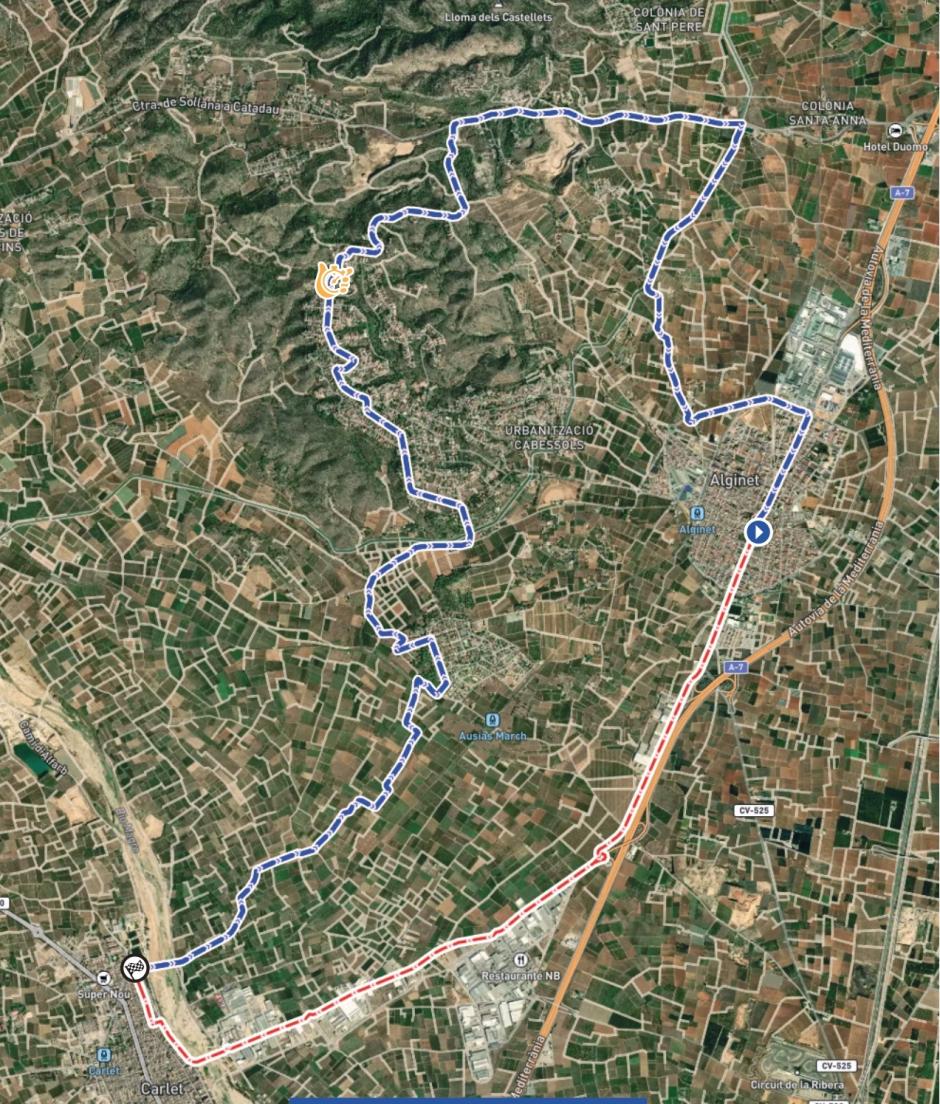 Mapa de la etapa 2 de la Vuelta ciclista a la Comunidad Valenciana 2026: contrarreloj entre Carlet y Alginet.