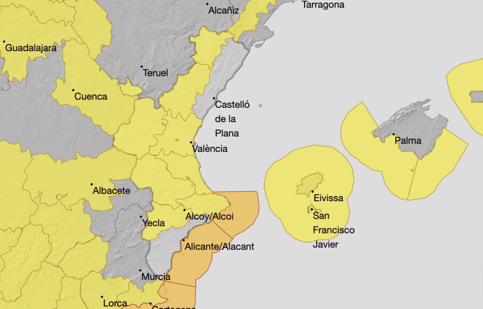 Mapa con los avisos previstos por Aemet ante la borrasca Marta para este sábado 7 de febrero en la Comunidad Valenciana.
